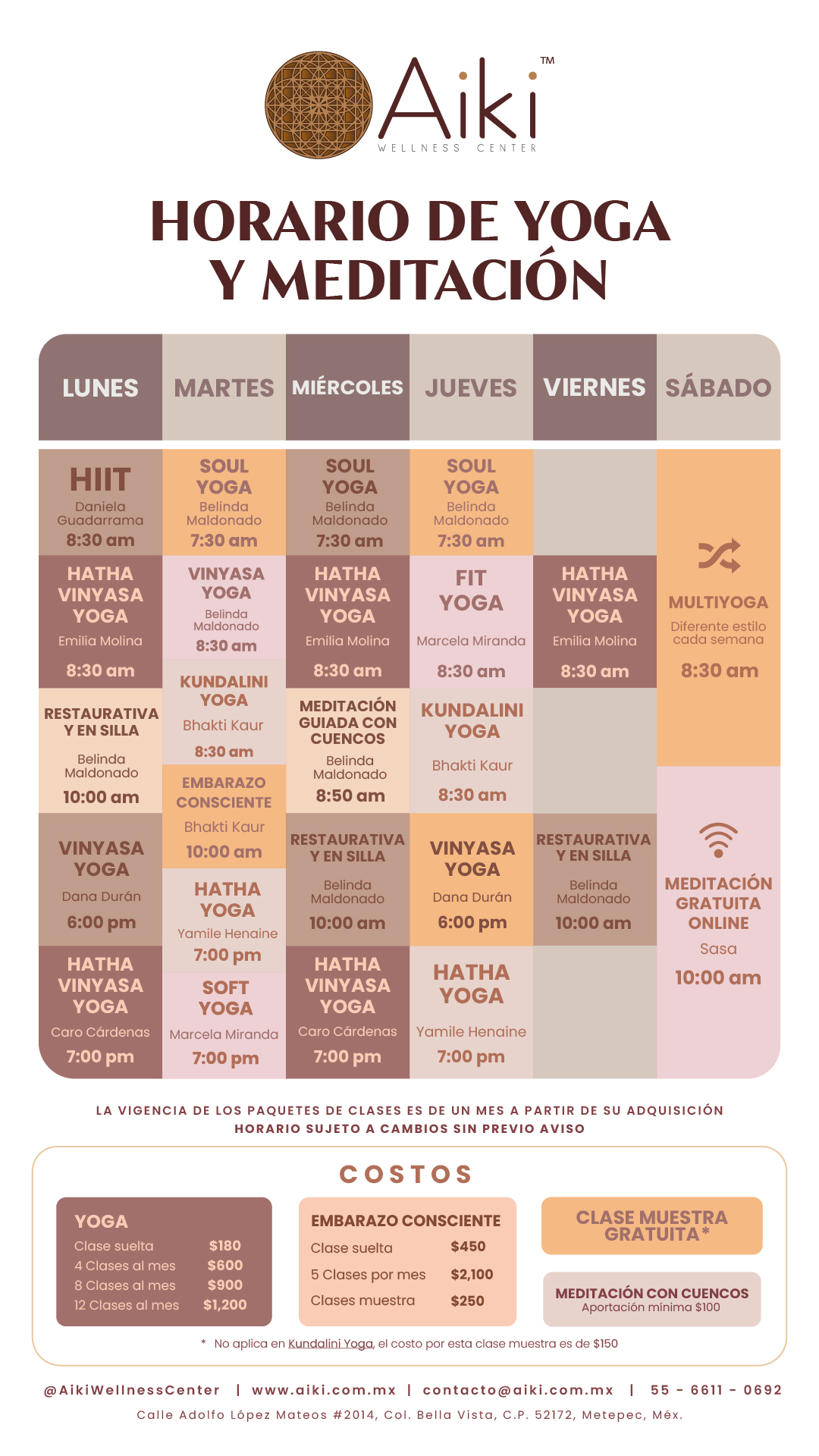 Horario de Yoga y Meditación Aiki Wellness Center Metepec